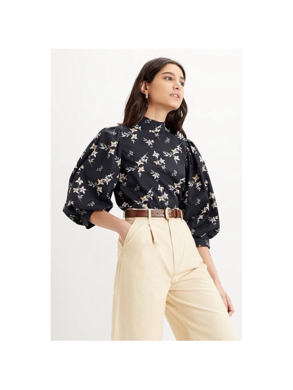 Levi's Posey Black Floral Puff-Sleeve Blouse 100% Cotton Size XL NWT
